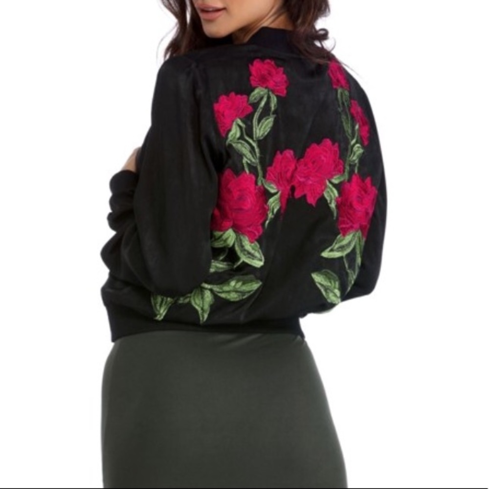 Black Bomber Jacket with Rose Detail